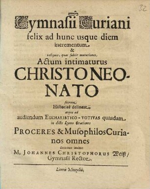 Gymnasii Curiani felix ad hunc usque diem incrementum