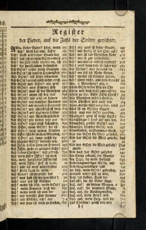 Register der Lieder, auf die Zahl der Seiten gerichtet