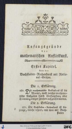 Anfangsgründe der mathematischen Auflöskunst.