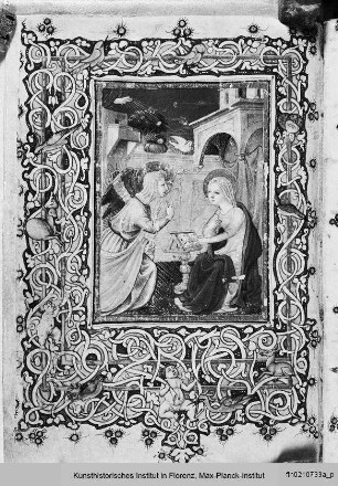 Officium Beatae Mariae Virginis : Buchseite mit Vollbordüre und Miniatur, Darstellung der Verkündigung