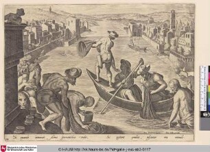 [Fischfang im Arno mit Netzen, links der Flussgott mit Löwe; Fishing from a boat with a net in the river Arno]