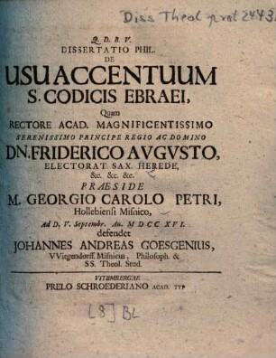 Dissertatio Phil. De Usu Accentuum S. Codicis Ebraei