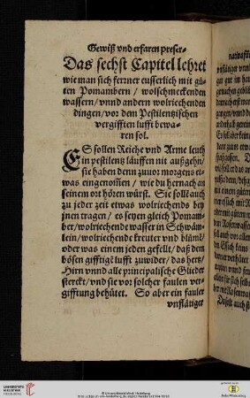 Das sechst Capitel lehret wie man sich ferner eusserlich mit güten Pomambern wolschmeckenden wassern unnd andern wolriechenden dingen von dem Pestilentzischen vergifften lufft bewaren sol