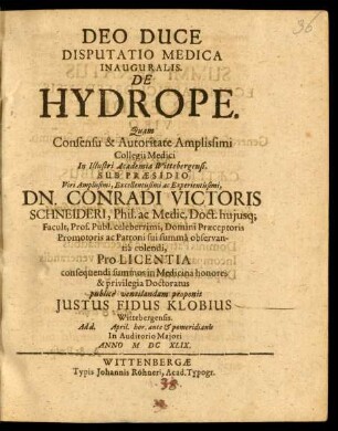 Disputatio Medica Inauguralis. De Hydrope