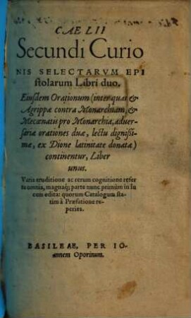 Caelii Secundi Curionis Selectarvm Epistolarum Libri duo