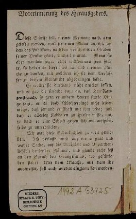 Vorerinnerung des Herausgebers.