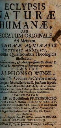 Eclypsis Naturae Humanae, Seu Peccatum Originale ...