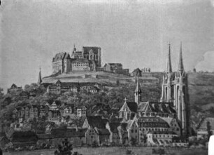 Ansicht der Stadt Marburg mit Blick auf die Deutschordensgebäude im Vordergrund