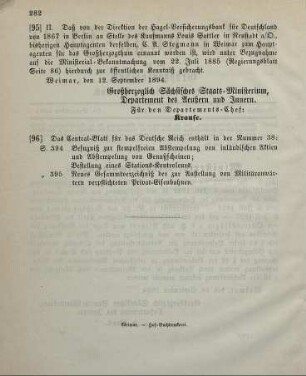 95. Ministerial-Bekanntmachung, betreffend Wechsel in der Hauptagentur der Hagel-Versicherungsbank für Deutschland von 1867 in Berlin