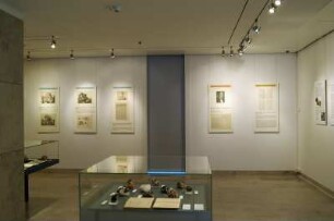 SLUB, Ausstellung "Gespräche mit der Erde. Geowissenschaften in Sachsen" : Ausstellungspräsentation im Buchmuseum mit Ausstellungsvitrine und Wandexponaten