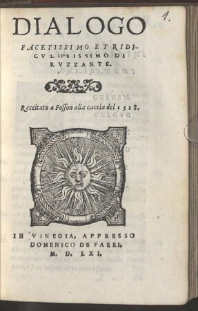 Dialogo facetissimo et ridiculosissimo di Ruzzante : Reccitato a Fosson alla caccia del 1528