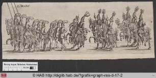 Teil eines Festzuges: Drei Reiter mit Lanzen, Musikanten und eine Gruppe von Männern, die mit Morgensternen bewaffnet sind.