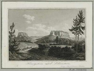 Ansicht der Festung Königstein, Radierung. um 1840 : Königstein und Lilienstein / Pescheck sc. - Dresden : Otto u. Lehmann, [ca. 1840]. - 1 Kunstblatt : Radierung ; 10,7 x 7,3 cm