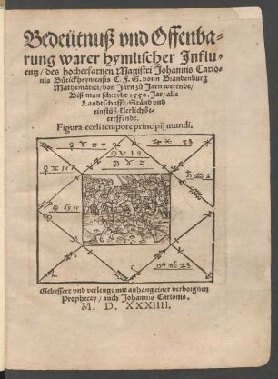 Bedeütnuß vnd Offenba=|| rung warer hymlischer Jnflu=||entz/ des hocherfarnen Magistri Johannis Cario=||nis Bütickheymensis/ C. F. G. vonn Brandenburg || Mathematici/ von Jarn zů Jarn werende/|| Biß man schreybt 1550. Jar/ alle || Landtschafft/ Ständ vnd || einflüß/ klerlich be=||treffendt.|| ... Gebessert und verlengt mit anhang einer verborgnen || Prophecey/ auch Johannis Carionis.||