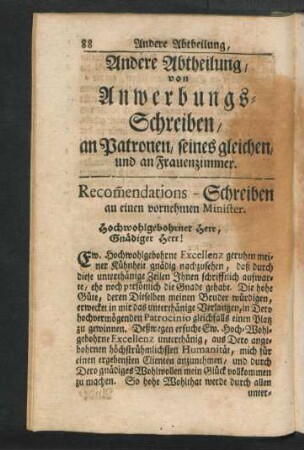 Andere Abtheilung, von Anwerbungs-Schreiben, an Patronen, seines gleichen, und an Frauenzimmer.