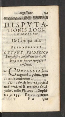 Disputationis Logicae Decas. XIV. De Comparatis.