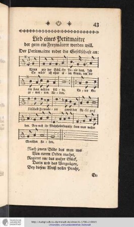 Lied eines Petitmaitre der gern ein Freymäurer werden will.
