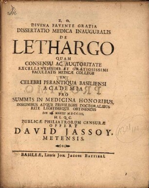 Dissertatio Medica Inauguralis De Lethargo
