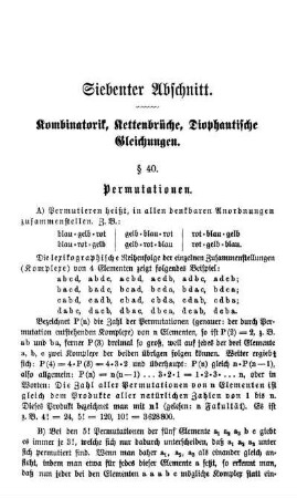 Siebenter Abschnitt. Kombinatorik, Kettenbrüche, Diophantische Gleichungen.