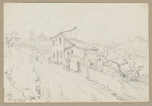 An einem Haus vorbeiführende Landstraße, im Hintergrund San Miniato al Monte in Florenz
