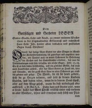 Dem Gottseligen und Geehrten Leser[...]