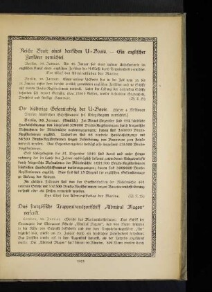 Reiche Beute eines deutschen U=Boots. - Ein englischer Zerstörer vernichtet.