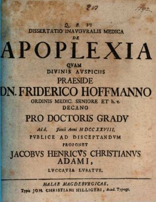 Dissertatio Inavgvralis Medica De Apoplexia