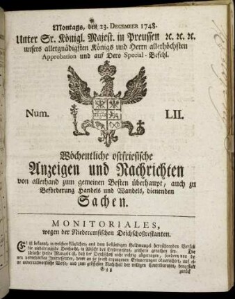 Num. LII. Montags, den 23. December 1748.