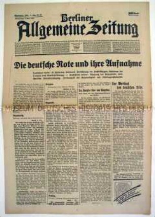 Tageszeitung "Berliner Allgemeine Zeitung" zu einer Note an Frankreich zur Räumung des Ruhrgebiets und den Reparationszahlungen