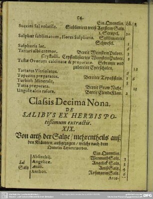 Classis Decima Nona. De Salibus Ex Herbis Potißimum extractis
