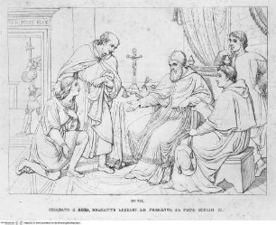 Vita di Raffaelle da UrbinoTaf. VII: In Rom wird Raphael von Bramante Papst Julius II. vorgestellt - Vita di Raffaelle da Urbino : in 12 tavole / disegnata ed incisa da G. Riepenhausen, Roma 1833