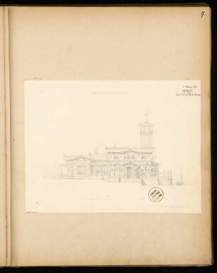Kaffeehaus am Wasser Monatskonkurrenz März 1873: Aufriss Seitenansicht; 1:150, Maßstabsleiste