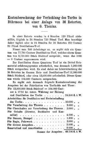 Kostenberechnung der Verkohlung des Torfes in Bührmoos bei einer Anlage von 36 Retorten, von G. Thenius.