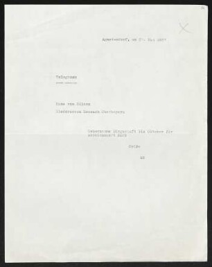 Brief von Gerhart Hauptmann an Hans von Hülsen