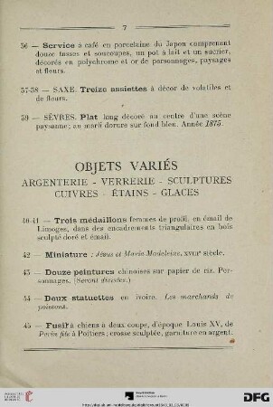 Objets variés: Argenterie – Verrerie – Sculptures – Cuivres – Étains – Glaces (Nr. 40-63)