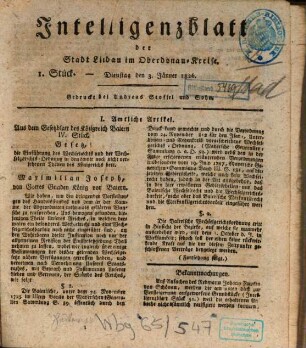 Intelligenzblatt der Stadt Lindau im Oberdonau-Kreise : für das Jahr ..., 1826