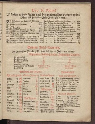 Deo & Patriae! In diesem 1789sten Jahre nach der gnadenreichen Geburt unsers Herrn und Heilandes Jesu Christi zählet man