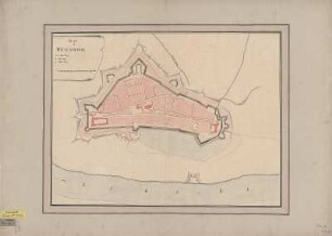 Festungsplan von Wittenberg, Handzeichnung, um 1790? : Plan de Wittenbergk. - [S.l.] , [um 1790?]. - 1 Kt. : kolor. Handzeichng. ; 53 x 40 cm