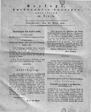 1803-03-12 : Beylage, Buchhändler Anzeigen enthaltend, 23. Stück.