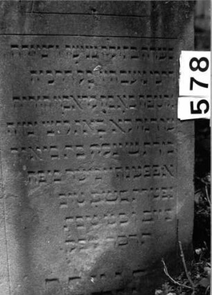 Grabstein 578 (Index: 99802821) Material: Sandstein Zustand: gut Maße HxBxT: 90x55x10 cm Beschreibung: Stele mit eingezogenem Rundbogen und Seitenakroterien Besonderheit: Endreim: Grabstein 578 (Detailaufnahme)