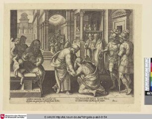 [Cornelius falls to his knees before St. Peter and worships him; Cornelius kniet vor Petrus und ehrt ihn]