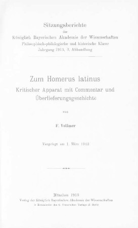 Zum Homerus latinus : kritischer Apparat mit Commentar und Überlieferungsgeschichte