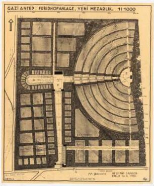 Gesamtbebauungsplan, Gaziantep Friedhofsanlage in Nekropolenform: Lageplan 1:500, Maßstabsleiste