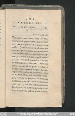 Lettre XVI. De l'abbé Du Bourg à l'abbé de ***. Richterweil, 10 sept.