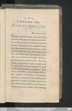 Lettre XVI. De l'abbé Du Bourg à l'abbé de ***. Richterweil, 10 sept.