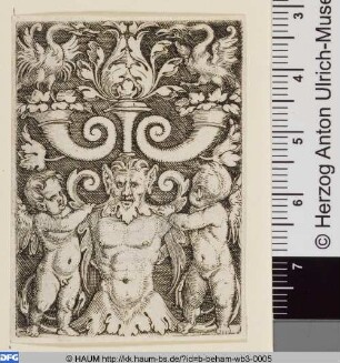 Ornament: zwei Genien mit einer männlichen Halbfigur