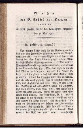Rede des B. Trösch von Seewen, gehalten in dem großen Rathe der helvetischen Republik den 30 May 1798.