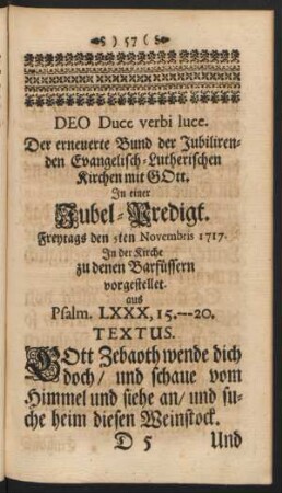 Deo Duce verbi luce ... Jubel-Predigt. Freytags den 5ten Novembris 1717.