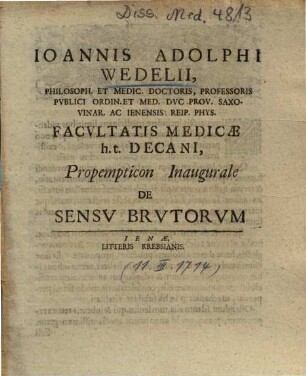 Ioannis Adolphi Wedelii ... Propempticon Inaugurale De Sensv Brvtorvm
