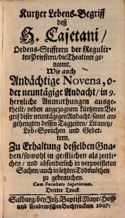 Kurzer Lebensbegriff des heiligen Cajetani